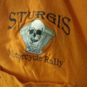 Vintage Mens XL 2003 Sturgis Motorcycle Rally Orange Sleeveless Shirt Skull Sewn